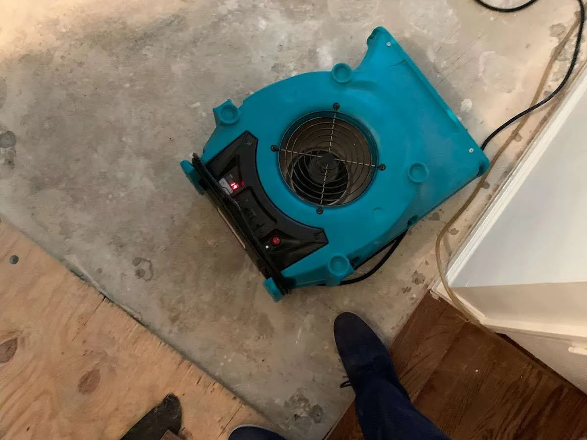 Air mover drying subfloor during Commercial Water Damage Restoration in Cherryland